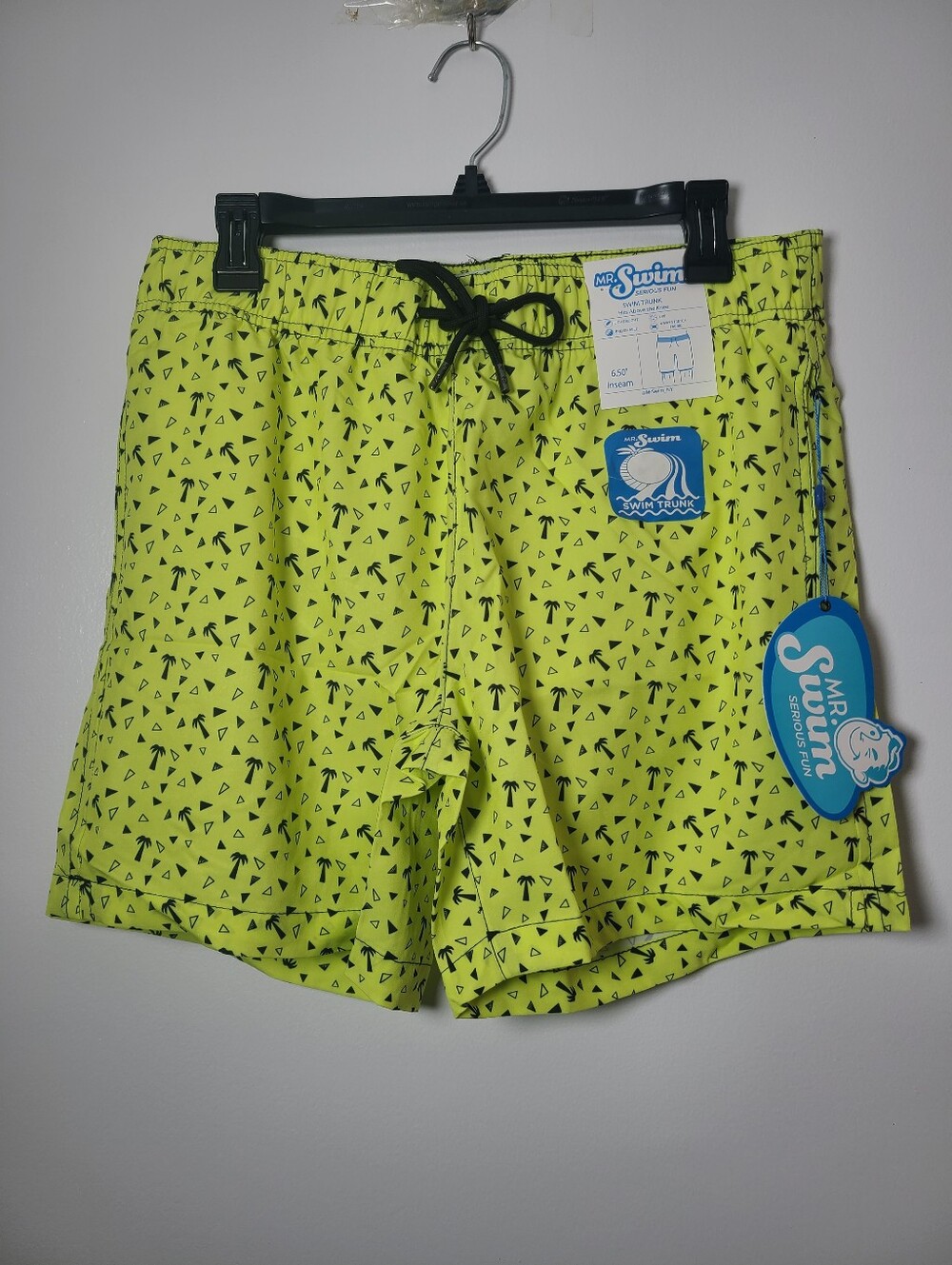 Mr.Swim Neon Yellow Swim Trunks with Black Abstract Palm Print Mens Size Medium